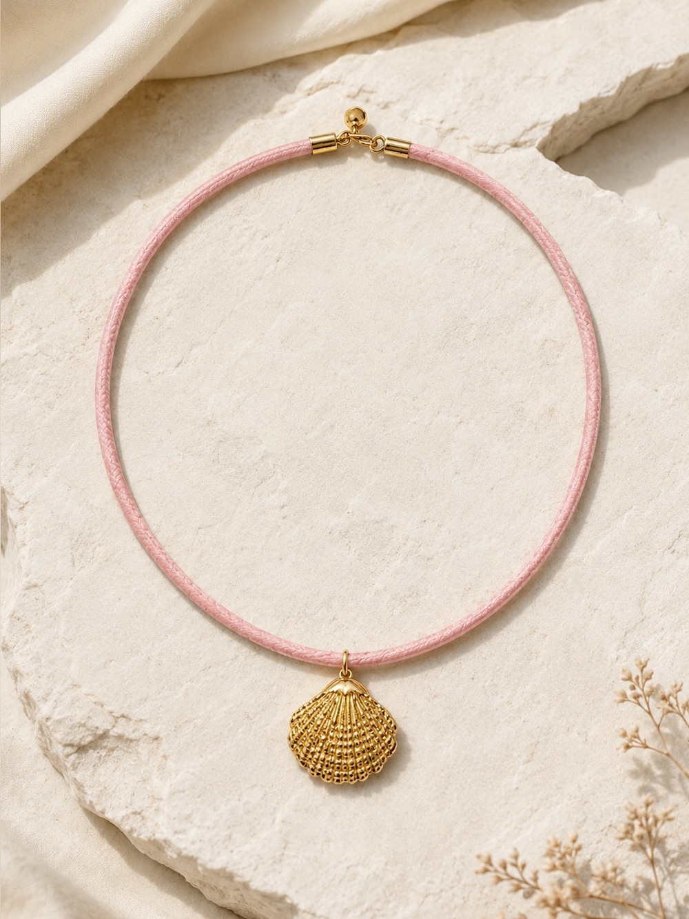 Gold Shell Pendant Necklace on Pink Cord